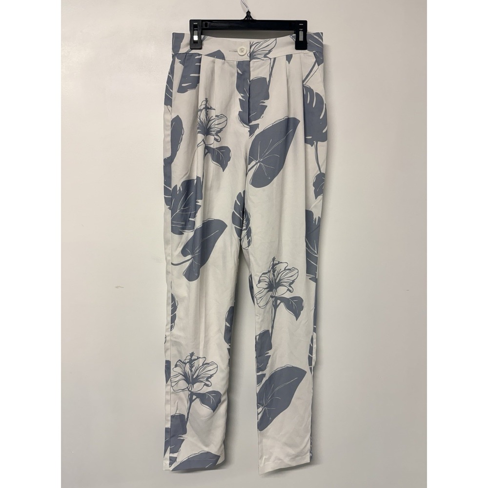 L'ATISTE Floral Pants Women's Small White Blue Tropical Straight Leg Pleated #39